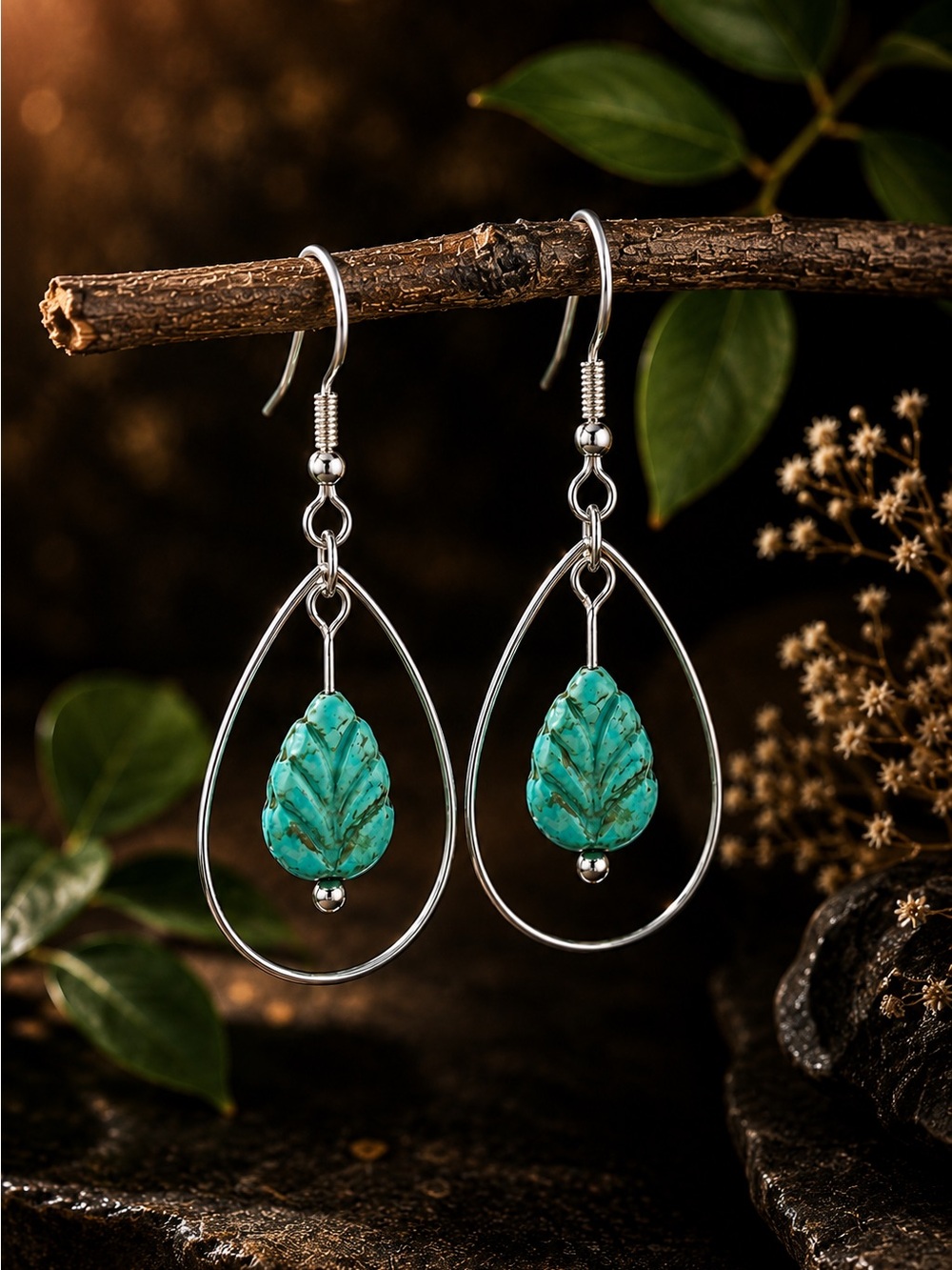 Turquoise Leaf Earrings • 925 Sterling Silver Hooks • Boho Nature Dangles